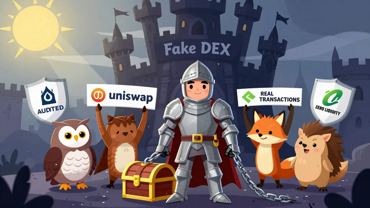 A knight faces a fake DEX castle guarded by friendly animals holding safety signs.