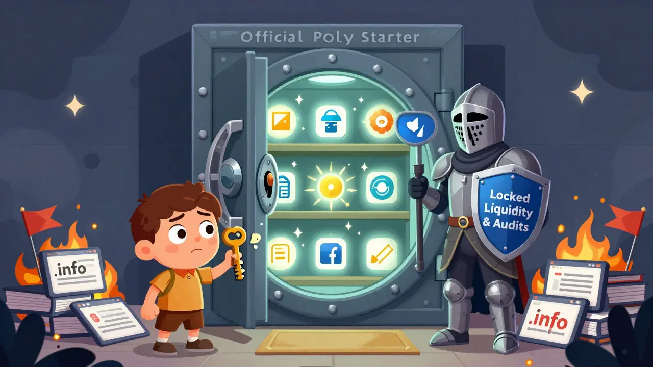 A knight guards a vault of legitimate project tokens, while a confused figure holds a broken key labeled &#039;POLYS Airdrop&#039;.