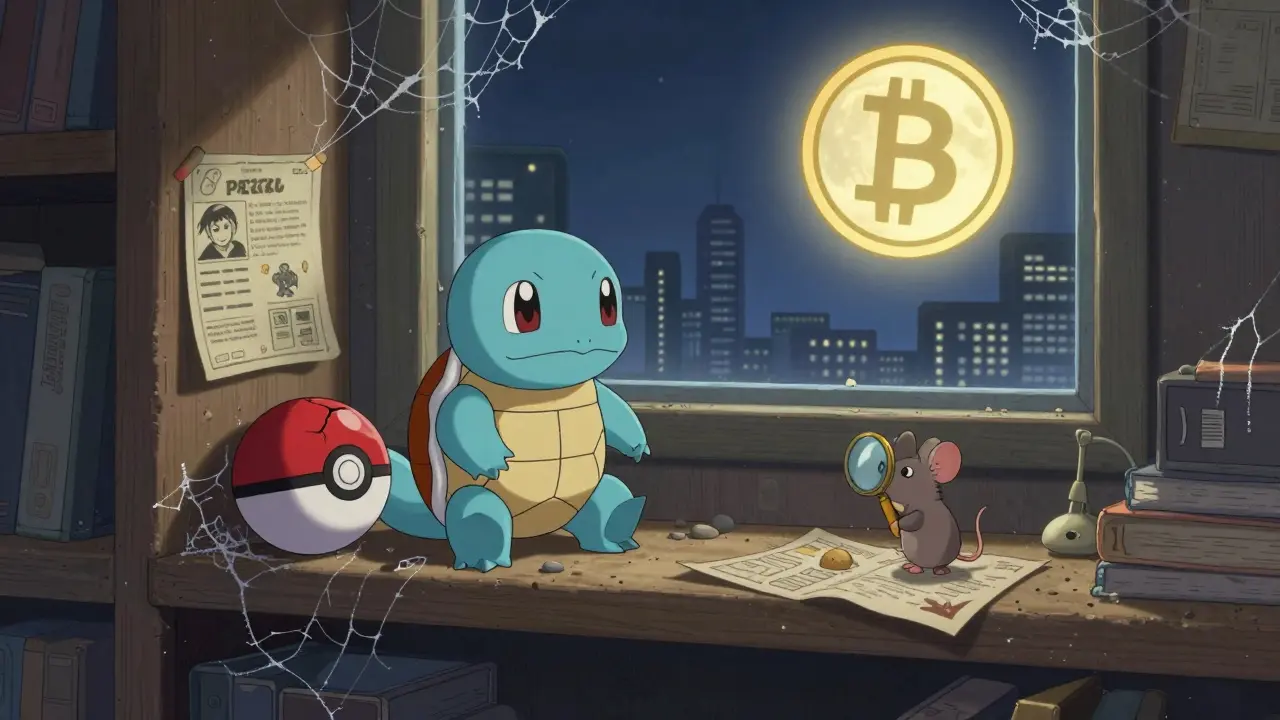 A lone SQUIRTLE token on a dusty shelf next to a cracked Poké Ball, watched by a curious mouse.