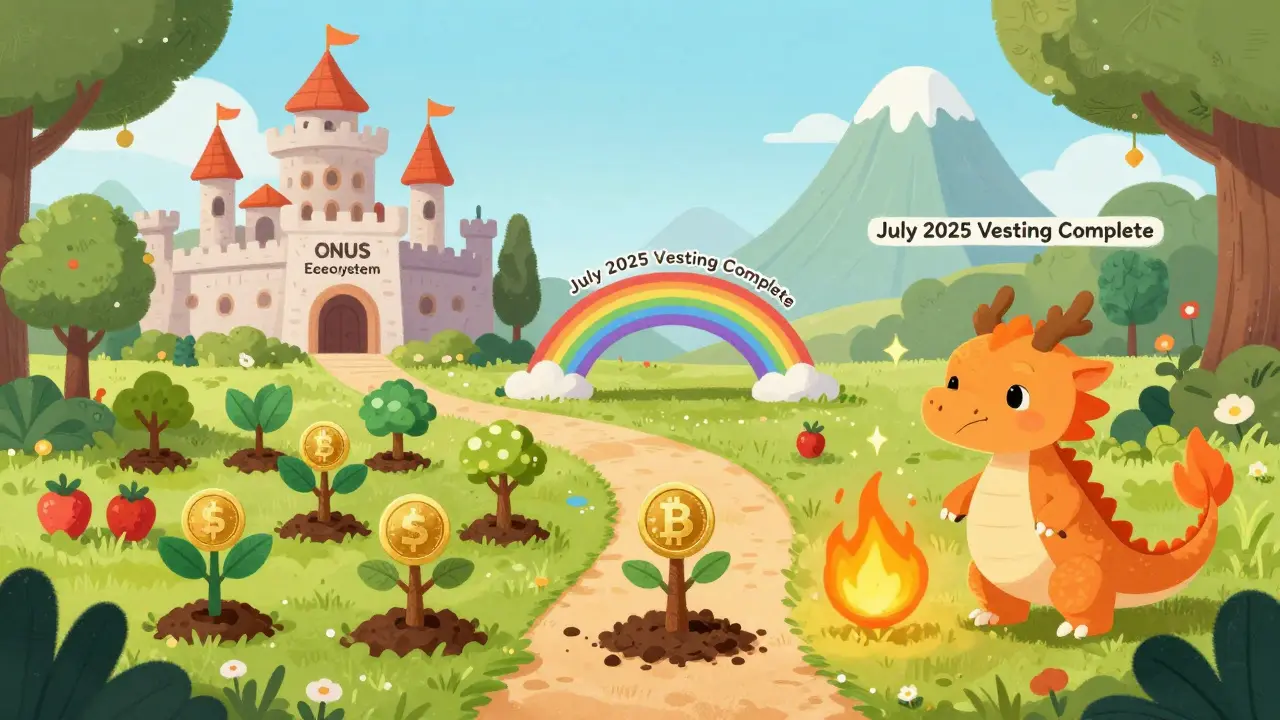 A magical garden with token-growing plants leading to a castle, with a dragon breathing sparkles above.