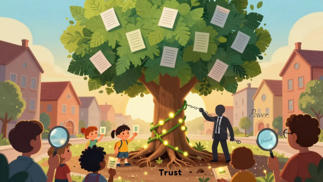 A paper ballot tree grows with blockchain vines as community protects it from control.