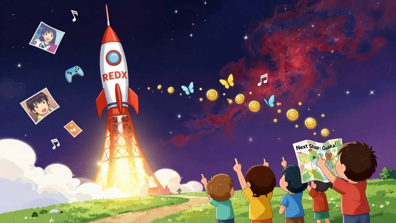 A REDX rocket launches from Tokyo Tower into a sky filled with anime panels and gaming icons.