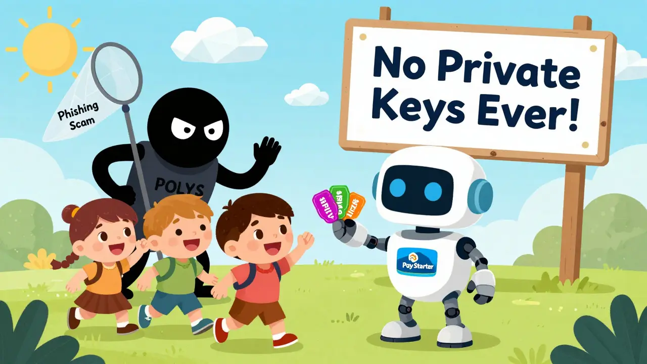 A robot gives real crypto tokens to children as a shadowy scammer lurks behind, with a sign saying &#039;No Private Keys Ever!&#039;