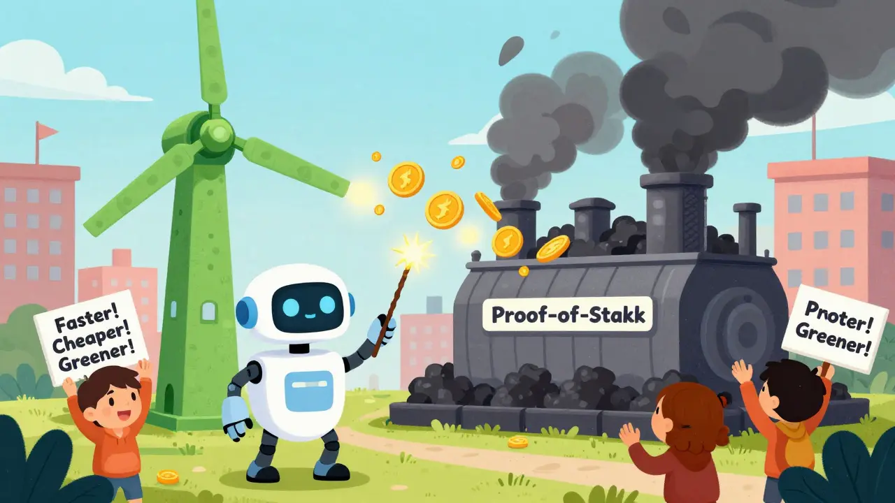 A robot turns a dirty coal machine into a green windmill with ETH coins spinning, children cheering nearby.