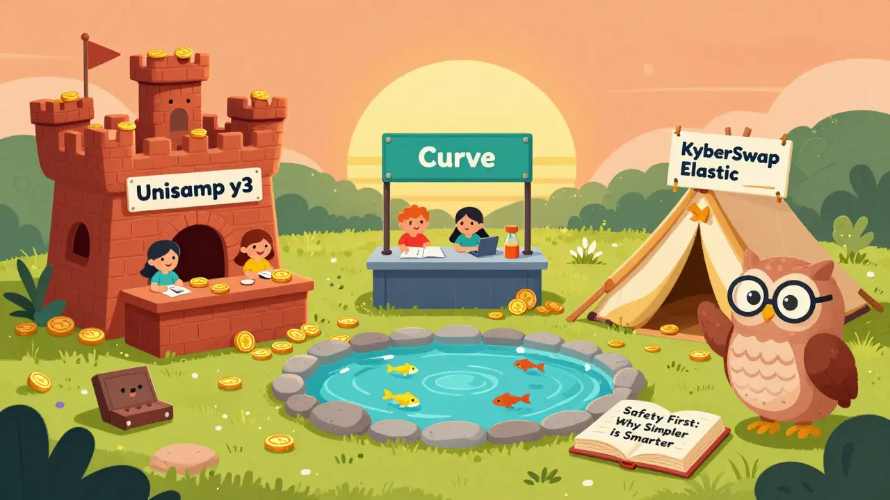 A safe DeFi playground with Uniswap and Curve stands, next to a collapsed KyberSwap Elastic tent.