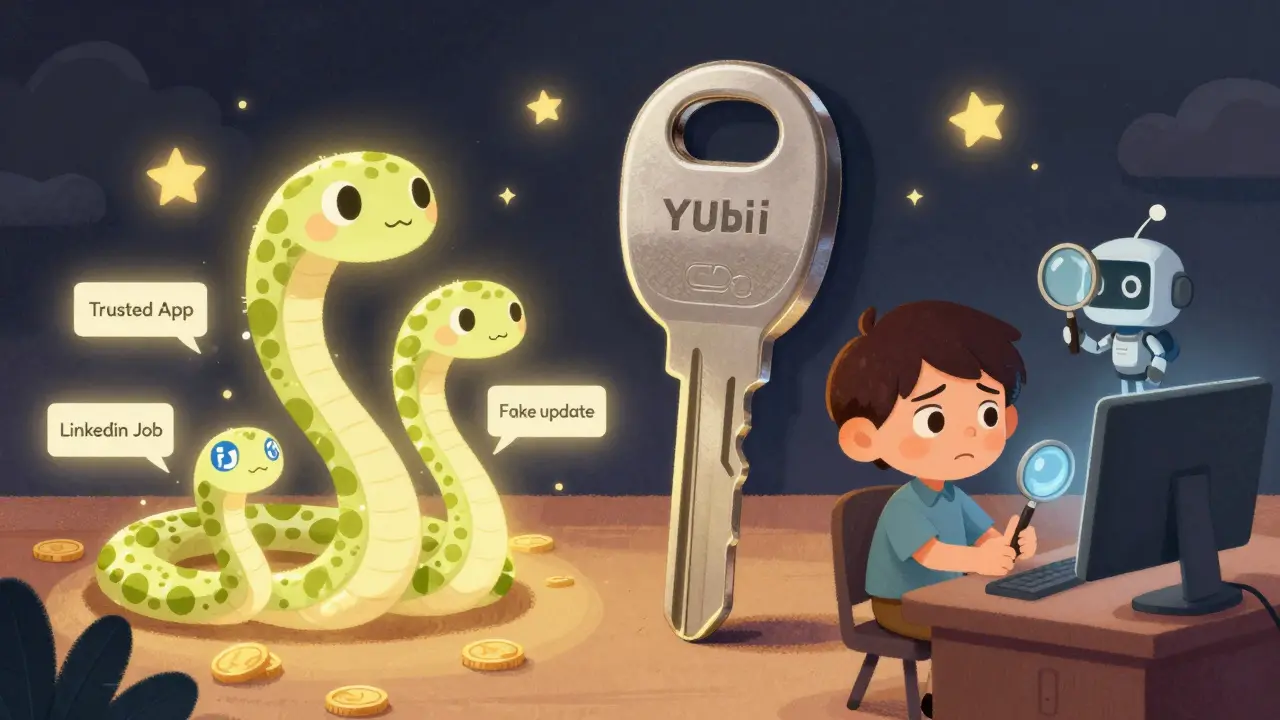 A security key stands against deceptive apps and fake job offers on a blockchain.