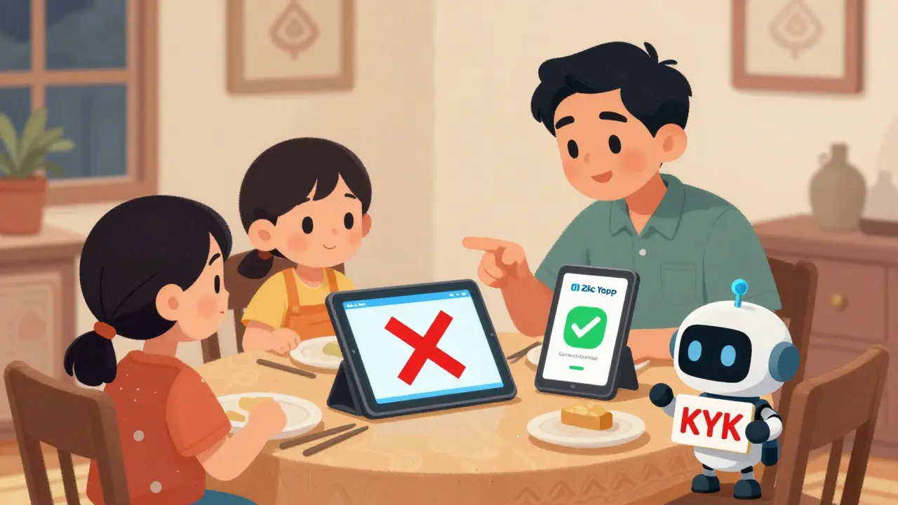 A Thai family looks at a tablet showing a blocked crypto app, while a licensed exchange is highlighted on another screen.