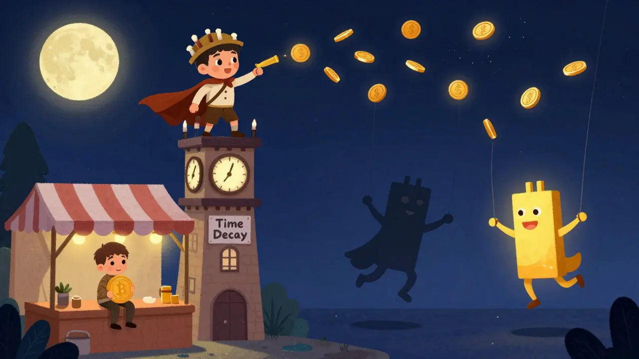A trader in a candlestick cape stands on a clock tower as golden coins fall, while call and put options dance below in a starry night market.