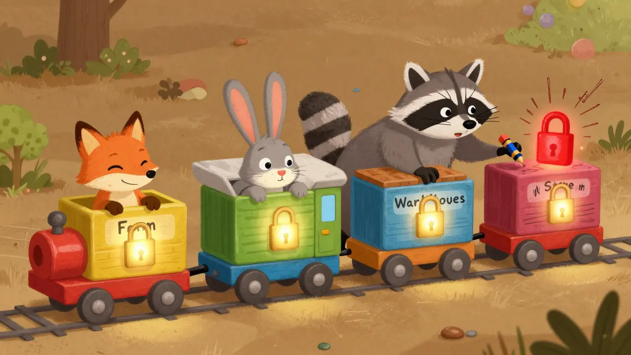 A train made of colorful blocks showing food journey from farm to store, with animals checking locked seals.