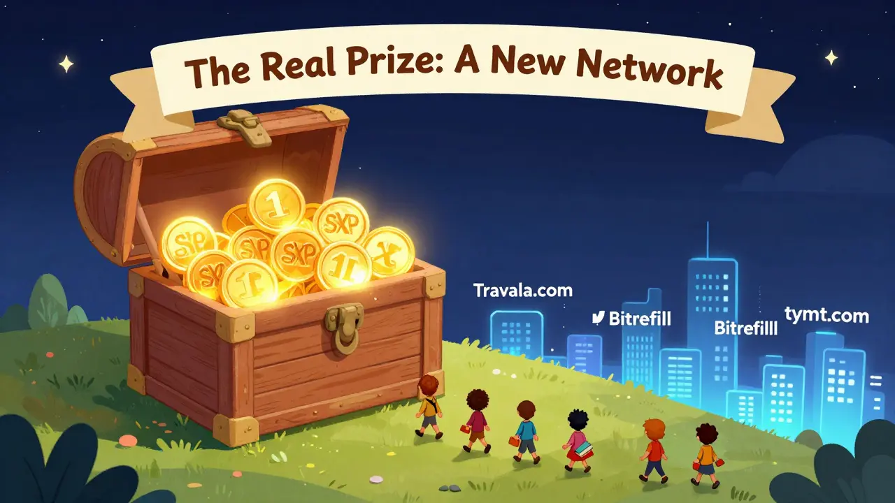 A treasure chest of SXP coins sits on a hill as people walk toward a city of real-world crypto uses.