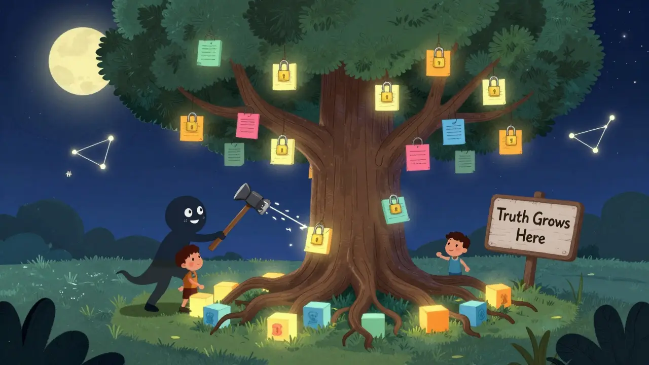 A tree with blockchain block roots, children hanging secured notes, a shadowy figure trying to break a block.