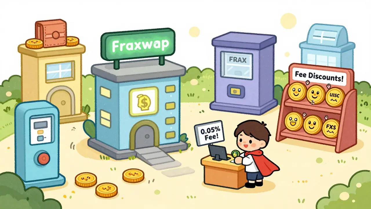 A whimsical DeFi town with wallet-shaped buildings, a child swapping FRAX for USDC at a counter with a '0.05% Fee!' sign.