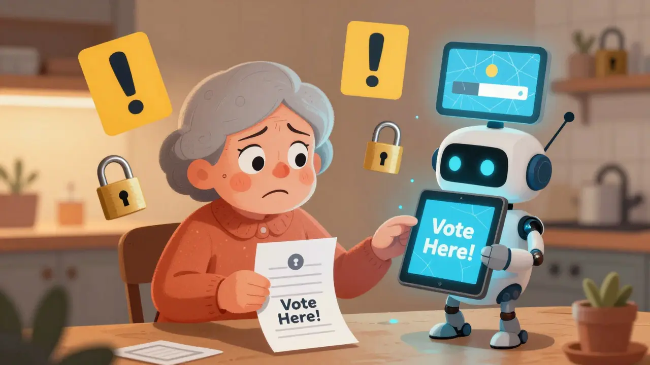 An elderly woman hesitates between paper ballot and smartphone voting app.