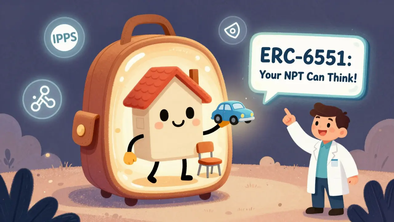 An NFT with a house face holds a car and chair, floating inside a wallet backpack as a developer explains ERC-6551.