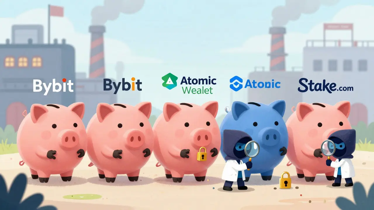 Cartoon exchanges lose their piggy banks to masked hackers in a cyber heist factory.