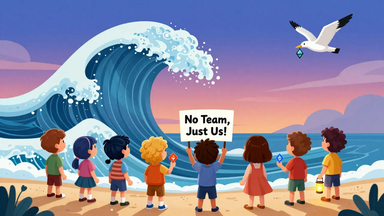 Children on a shore holding wave-shaped tokens, staring at a giant wave shaped like a question mark under a twilight sky.