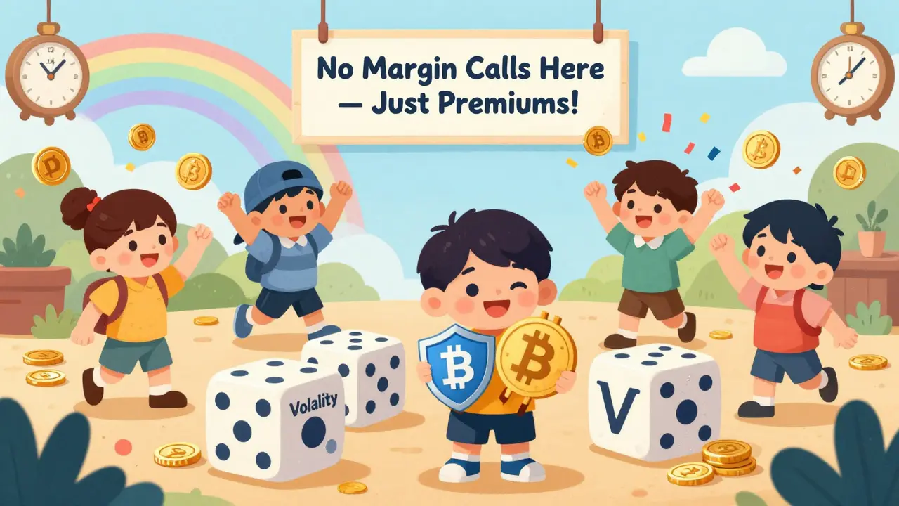 Children trade options in a cozy clubhouse with toy coins and dice, one protected by an insurance shield, while Greek letters float as confetti.