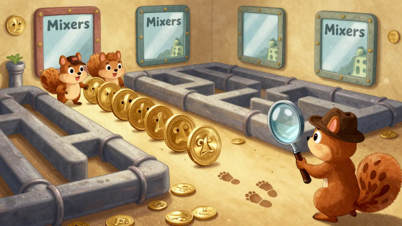 Coins vanish through a maze of mirrors as a detective squirrel follows their trail.