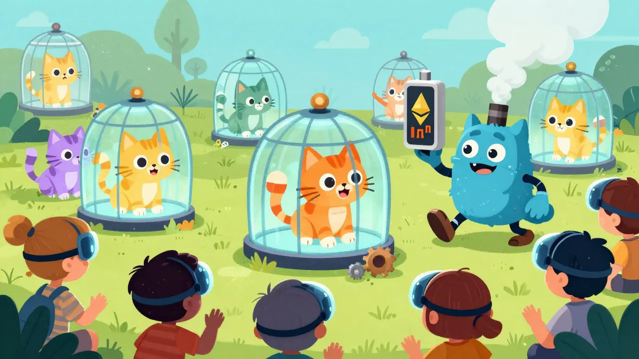 Colorful cartoon CryptoKitties breed in a digital zoo while a blockchain monster struggles with rising gas prices.