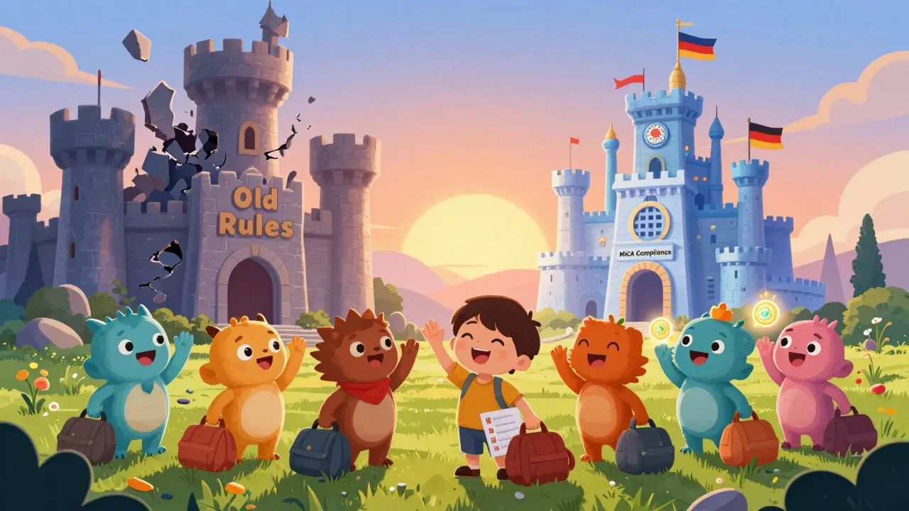 Crypto creatures leave an old castle for a new MiCA-compliant castle under a sunrise.