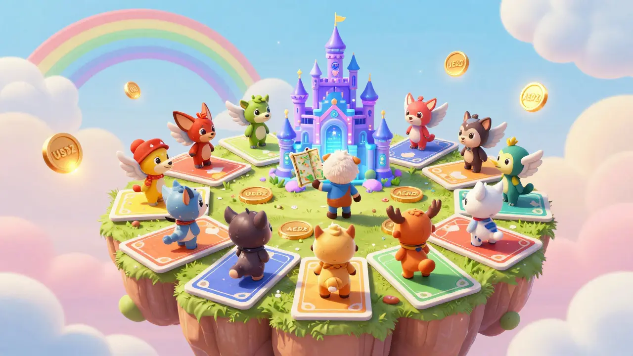 Eight children stand on a floating island of unique NFT cards, heading toward a glittering virtual castle.