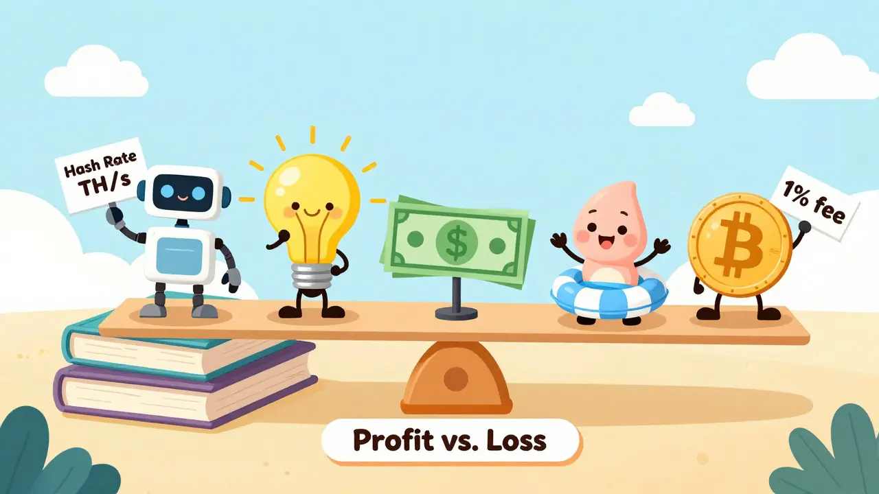 Five cartoon characters represent key mining inputs on a seesaw balanced by a profit and loss scale.