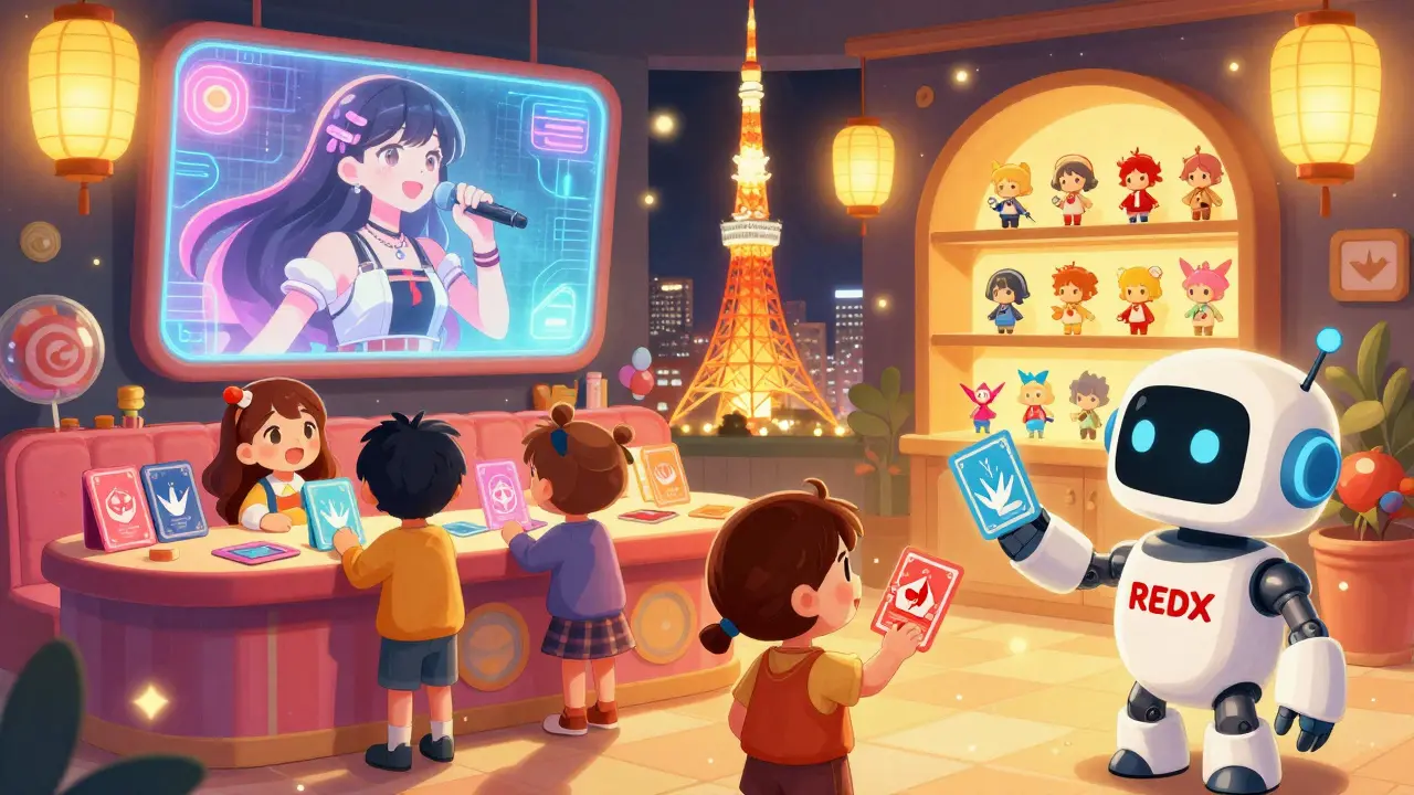 Inside RED° TOKYO TOWER, fans trade NFT cards as a holographic idol sings above them.