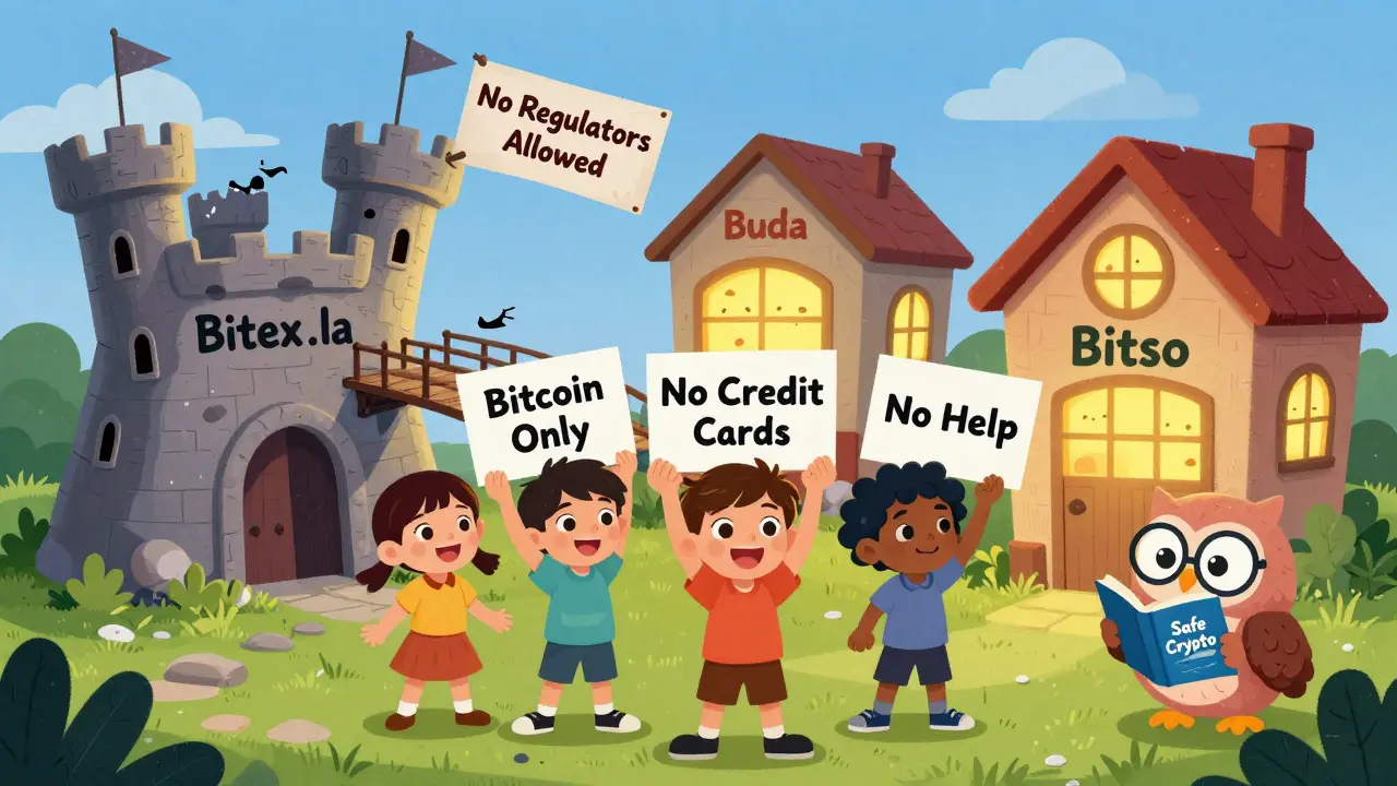 Kids stand before a crumbling castle labeled Bitex.la, while three bright, safe exchanges glow warmly nearby, guided by a wise owl with a book.