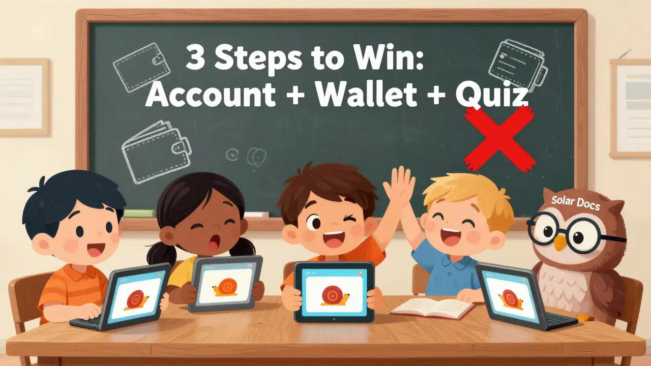 Kids struggle with a slow wallet app while an owl guides them with Solar&#039;s learning materials.