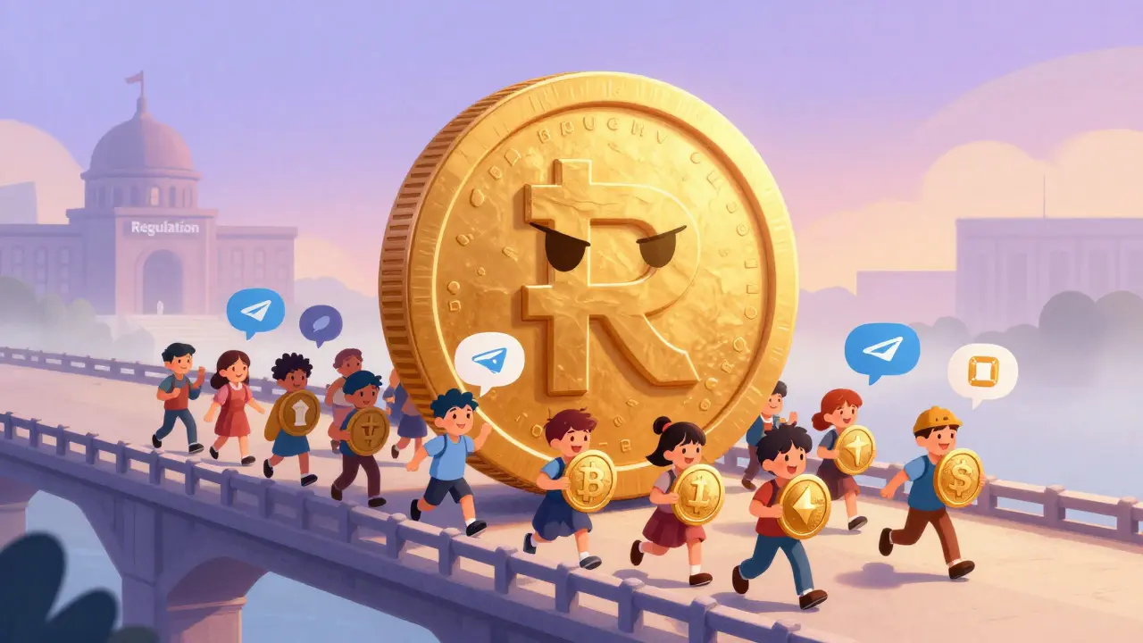 People holding crypto coins push aside a frowning digital ruble on a bridge made of chat bubbles and bank icons.