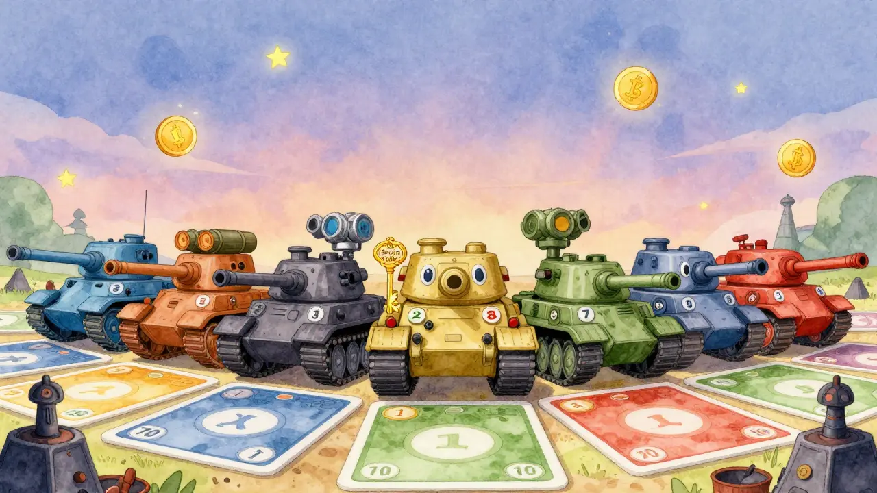 Seven hundred unique colorful tanks line up on a game-card battlefield under a starry sky.