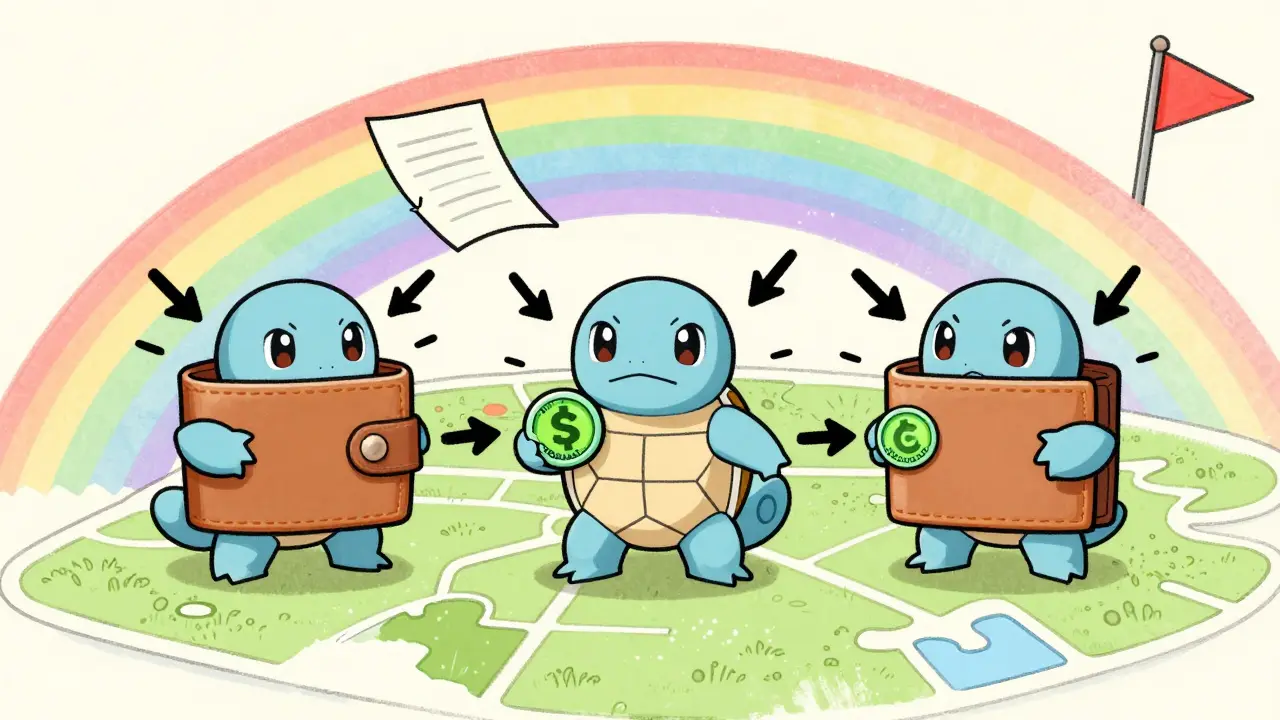Three confused wallets holding different versions of the SQUIRTLE token amid chaotic arrows and a torn whitepaper.