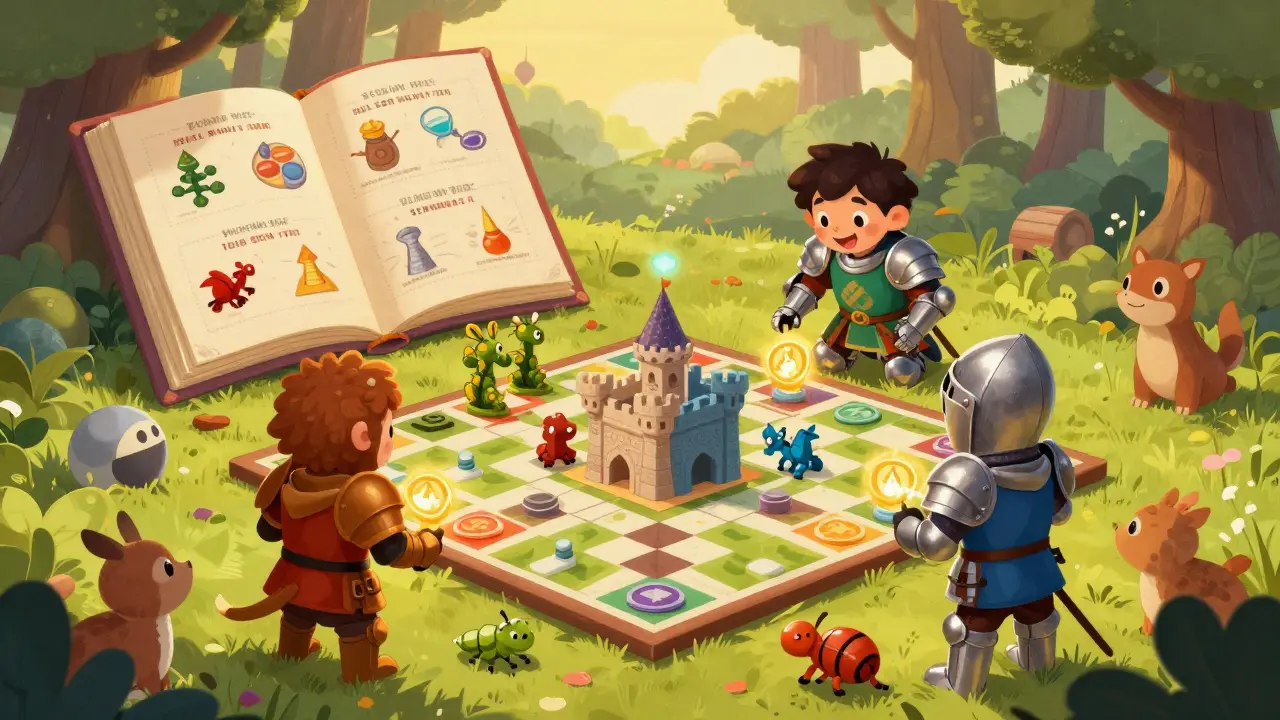 Three knights play a board game using glowing KWS tokens to build castles and fight dragon bugs in a magical forest.