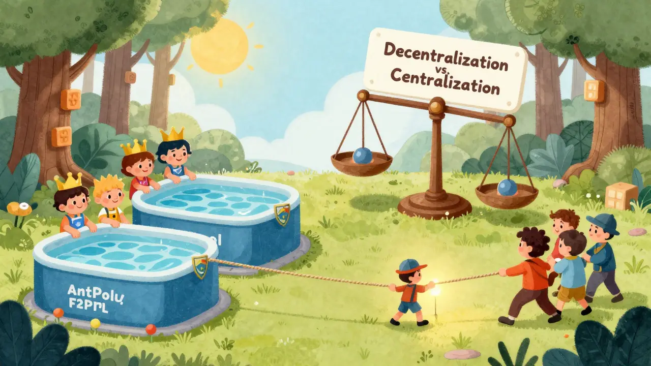 Three large mining pools tug-of-war against a tiny solo miner, with a blockchain forest and balanced scale in the background.