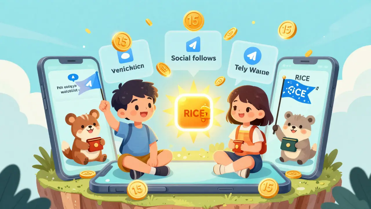 Two kids on a phone-screen island as golden tokens fall around them, with a glowing RICE Wallet app at the center.