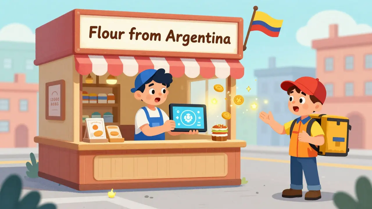 A baker in Chicago pays an Argentine supplier using a blockchain tablet, with digital coins floating between them.
