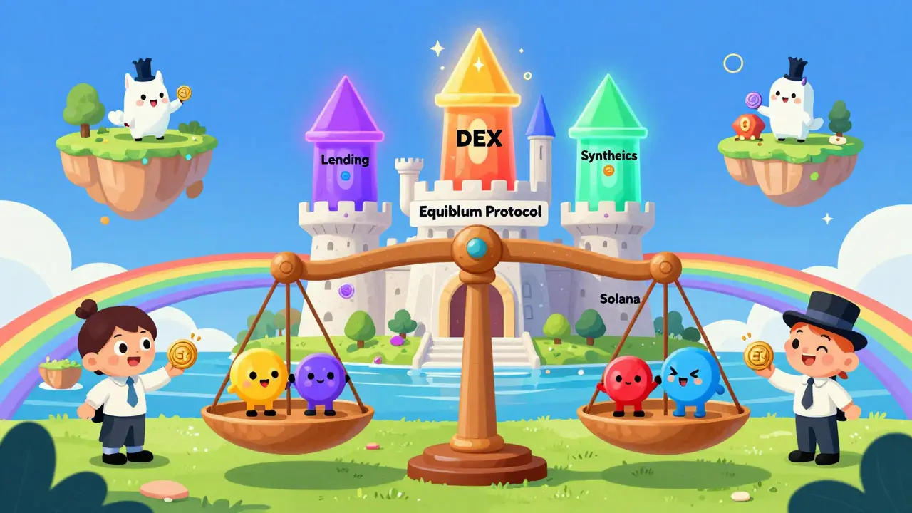 A balance scale with DOT and xDOT characters holding hands, supervised by EQ tokens, beside a three-towered protocol castle.