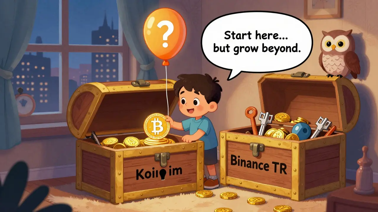 A boy puts Bitcoin in a locked chest labeled Koinim, while a better-equipped chest labeled Binance TR sits nearby.