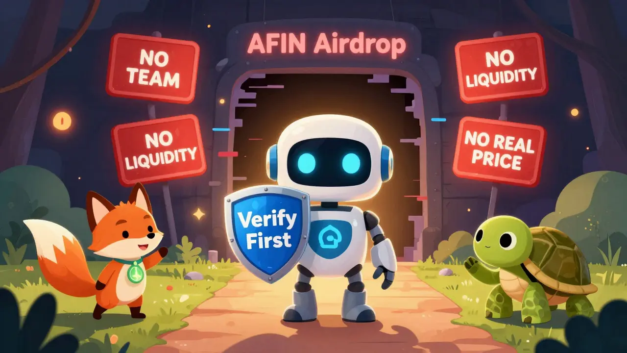 A brave robot protects a child from a dark 'AFIN Airdrop' portal, with warning signs and friendly eco-crypto animals nearby.