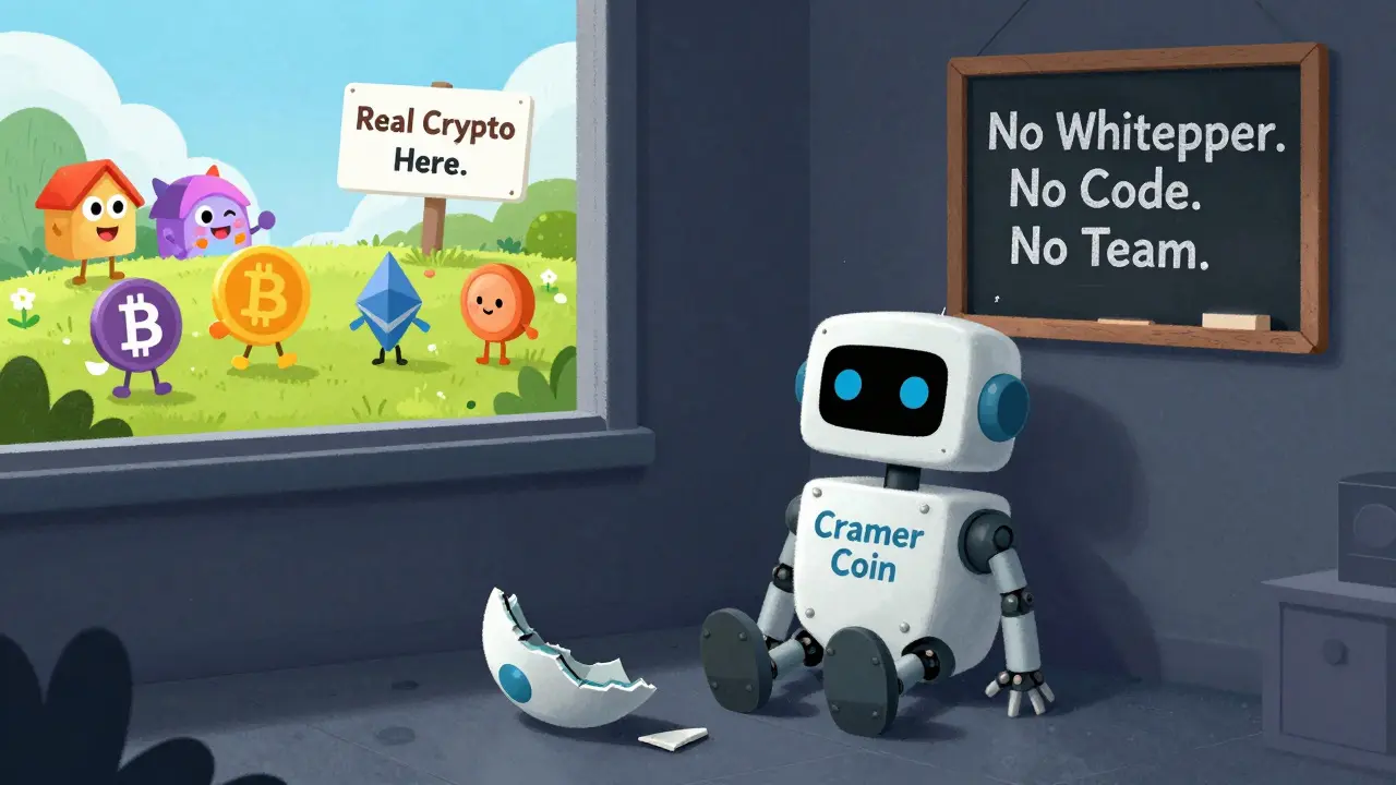 A broken robot labeled 'Cramer Coin' sits alone with no code or team, while real cryptos play outside.