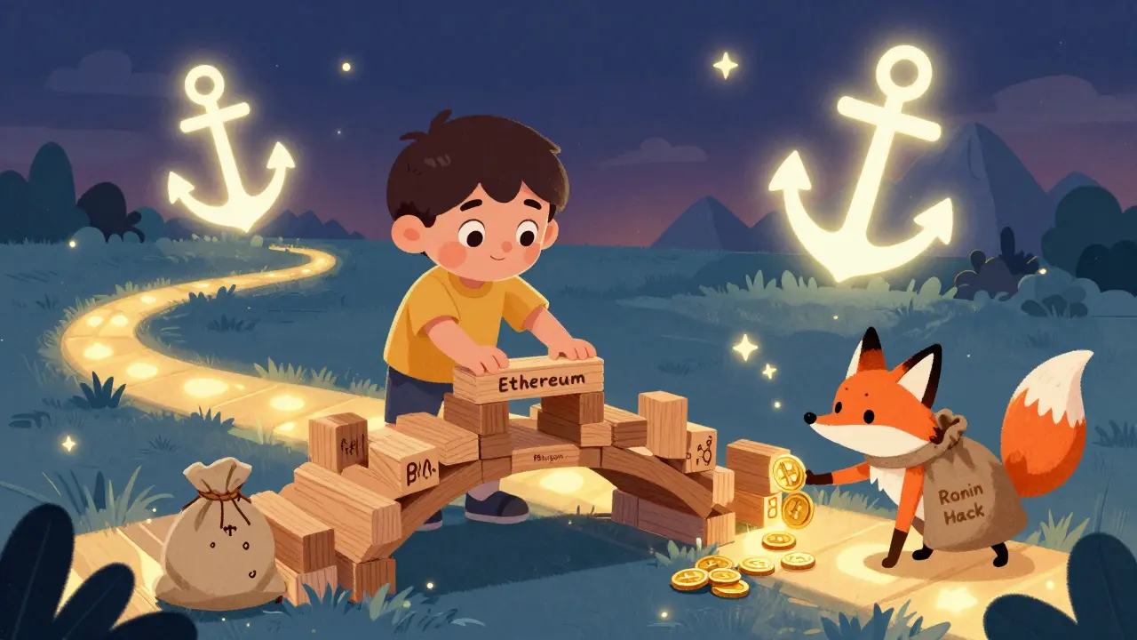 A child building a bridge between blockchains while a fox tries to steal coins, anchored by Bitcoin.