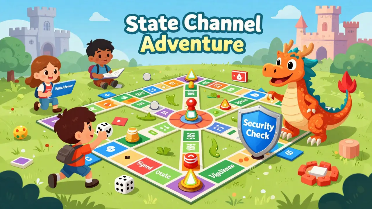 A child plays a board game called 'State Channel Adventure' with paths for security tools, guided by a friendly blockchain dragon.