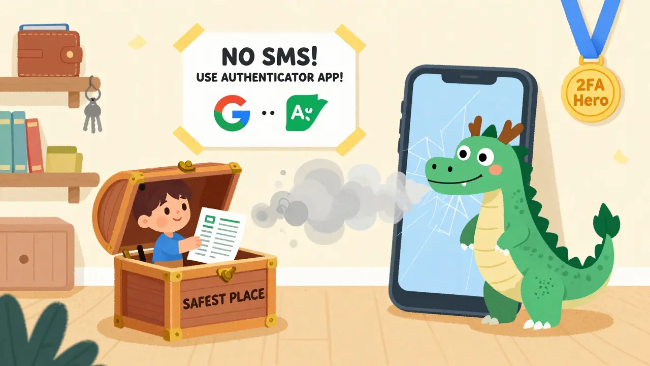 A child puts backup codes in a fireproof chest while a dragon labeled 'SIM SWAP' attacks a broken phone, with security app icons smiling on the wall.