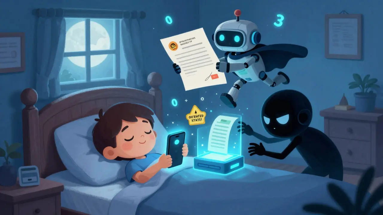 A child sleeps as a shadowy figure tries to cheat a blockchain machine, but a brave watchtower robot rushes to stop it.