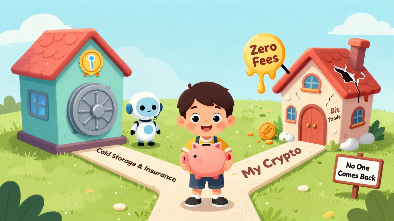 A child stands at a crossroads: one path leads to a safe exchange, the other to a melting candy house labeled 'BitTrade'.