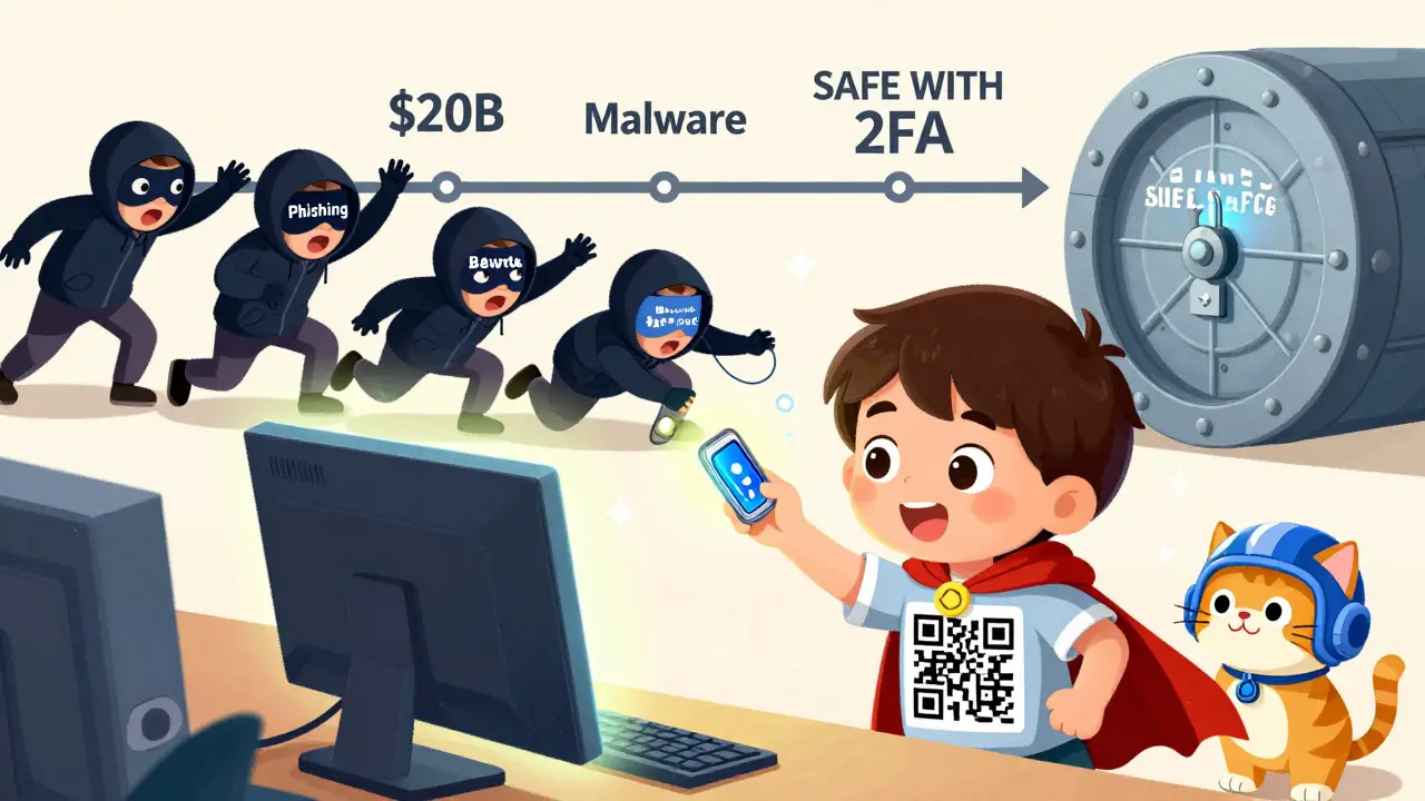 A child taps a YubiKey on a computer, making thieves in masks fall back as a timeline shows crypto theft vs. safety with 2FA.