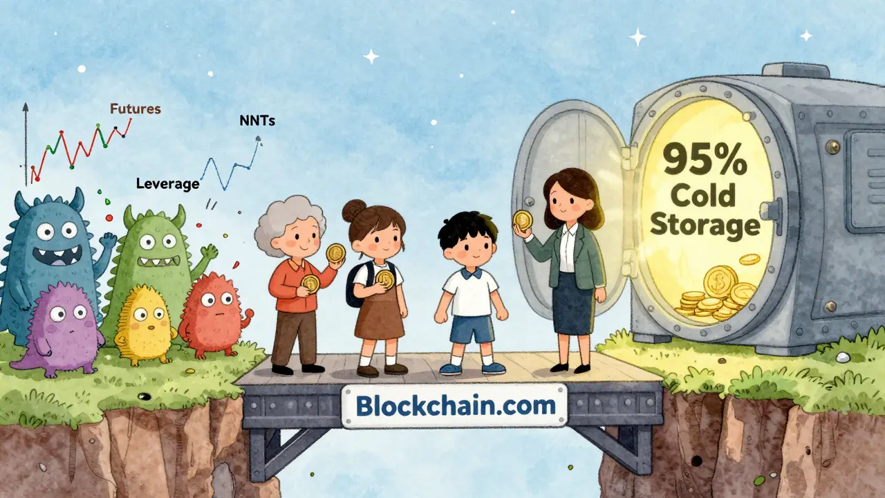 A diverse group crosses a safe bridge over chaotic trading chaos, with a glowing vault behind them labeled '95% Cold Storage'.