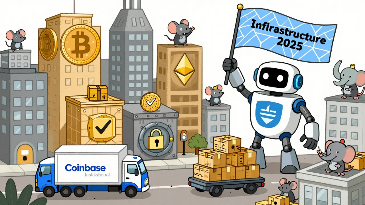 A financial city of crypto buildings is serviced by armored trucks, with a compliance robot waving a blockchain flag.