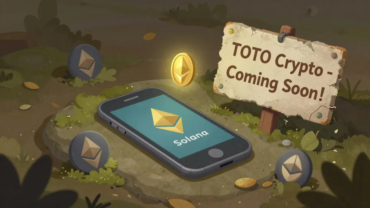 A forgotten smartphone beside a faded crypto sign, surrounded by floating blockchain logos and a glowing token.