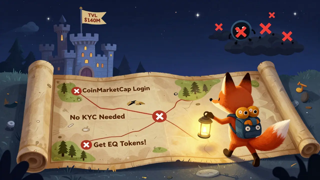 A fox following a treasure map to claim EQ tokens under a starry sky, guided by a glowing lantern while scam bots flee.